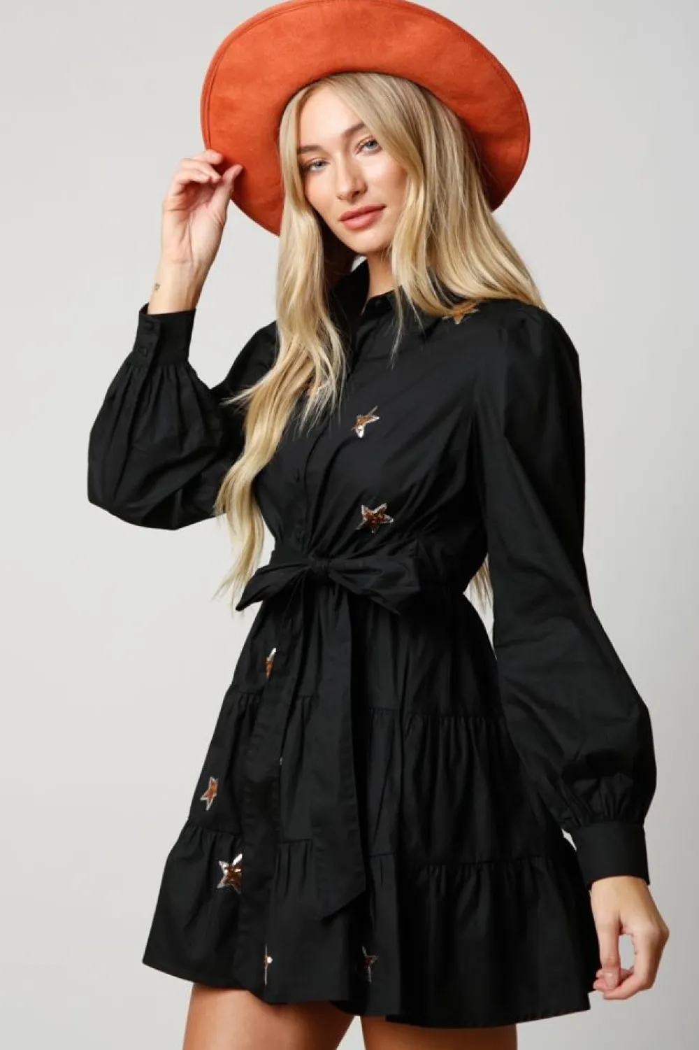 Peach Love California Star Sequin Patch Shirt Dress