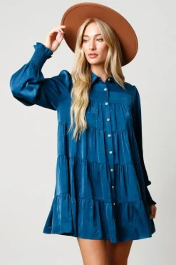 Peach Love California Teal Rhinestone Button Down Shirt Dress