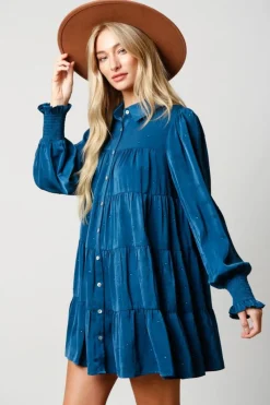 Peach Love California Teal Rhinestone Button Down Shirt Dress