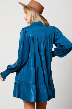 Peach Love California Teal Rhinestone Button Down Shirt Dress