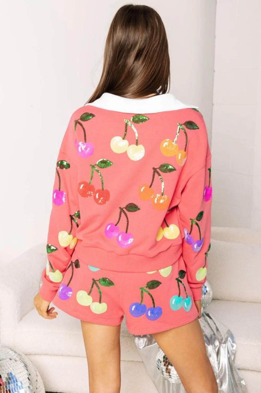 Queen of Sparkles Bright Pink Rainbow Cherry Polo Sweatshirt