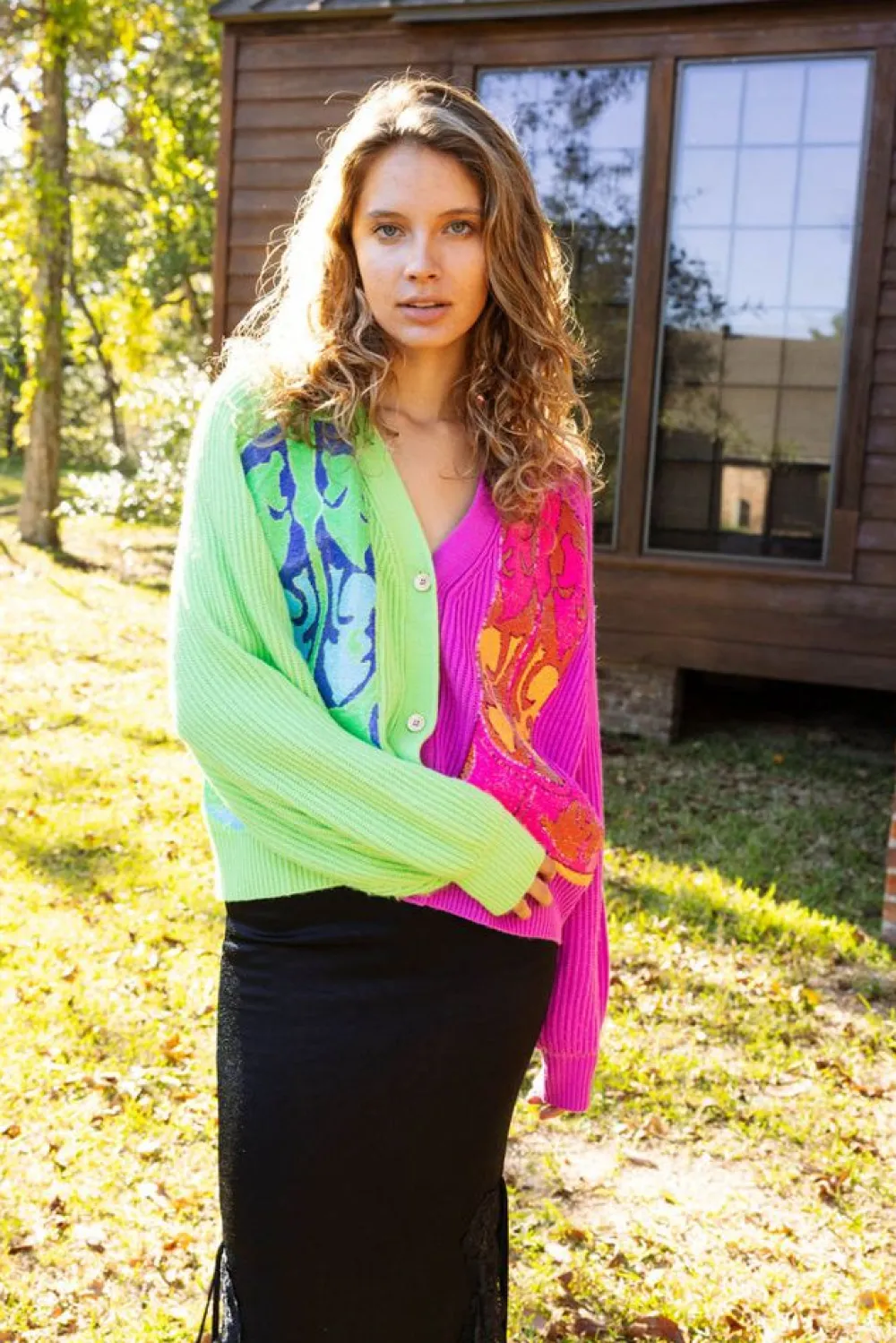 Queen of Sparkles Green And Purple Colorblock Boot Cardigan