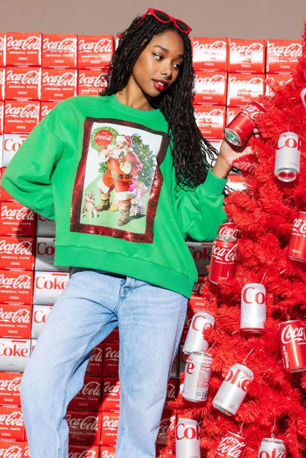 Queen of Sparkles Green Santa Drinking Coke Sweatshirt