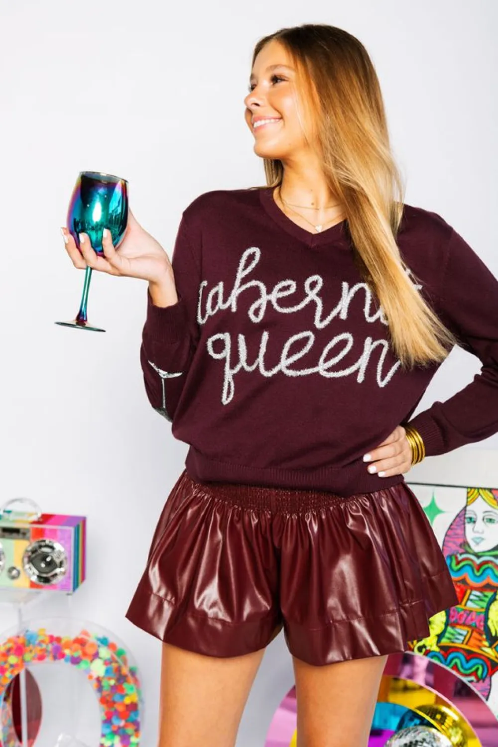 Queen of Sparkles Maroon Leather Swing Shorts