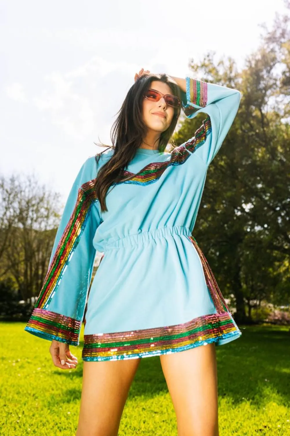 Queen of Sparkles Teal Rainbow Sequin Stripe Dress