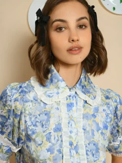 Sister Jane Sky Floral Ruffle Blouse - Cornflower Blue