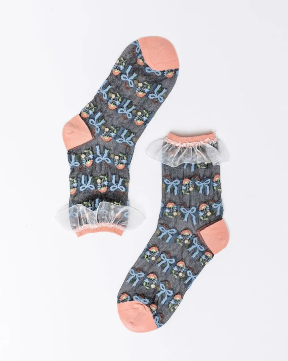 Sock Candy Floral Bow Ruffle Black Sheer Ankle Sock