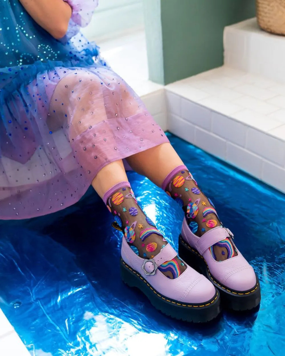 Sock Candy Pop Art Planets Black Sheer Crew Sock
