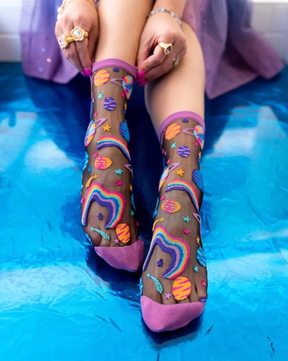 Sock Candy Pop Art Planets Black Sheer Crew Sock