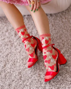 Sock Candy Strawberry Daisy Ruffle Sheer Crew Sock