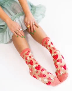 Sock Candy Strawberry Daisy Ruffle Sheer Crew Sock