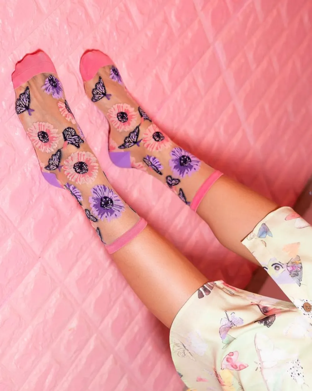 Sock Candy Sunflower Butterfly Sheer Crew Sock