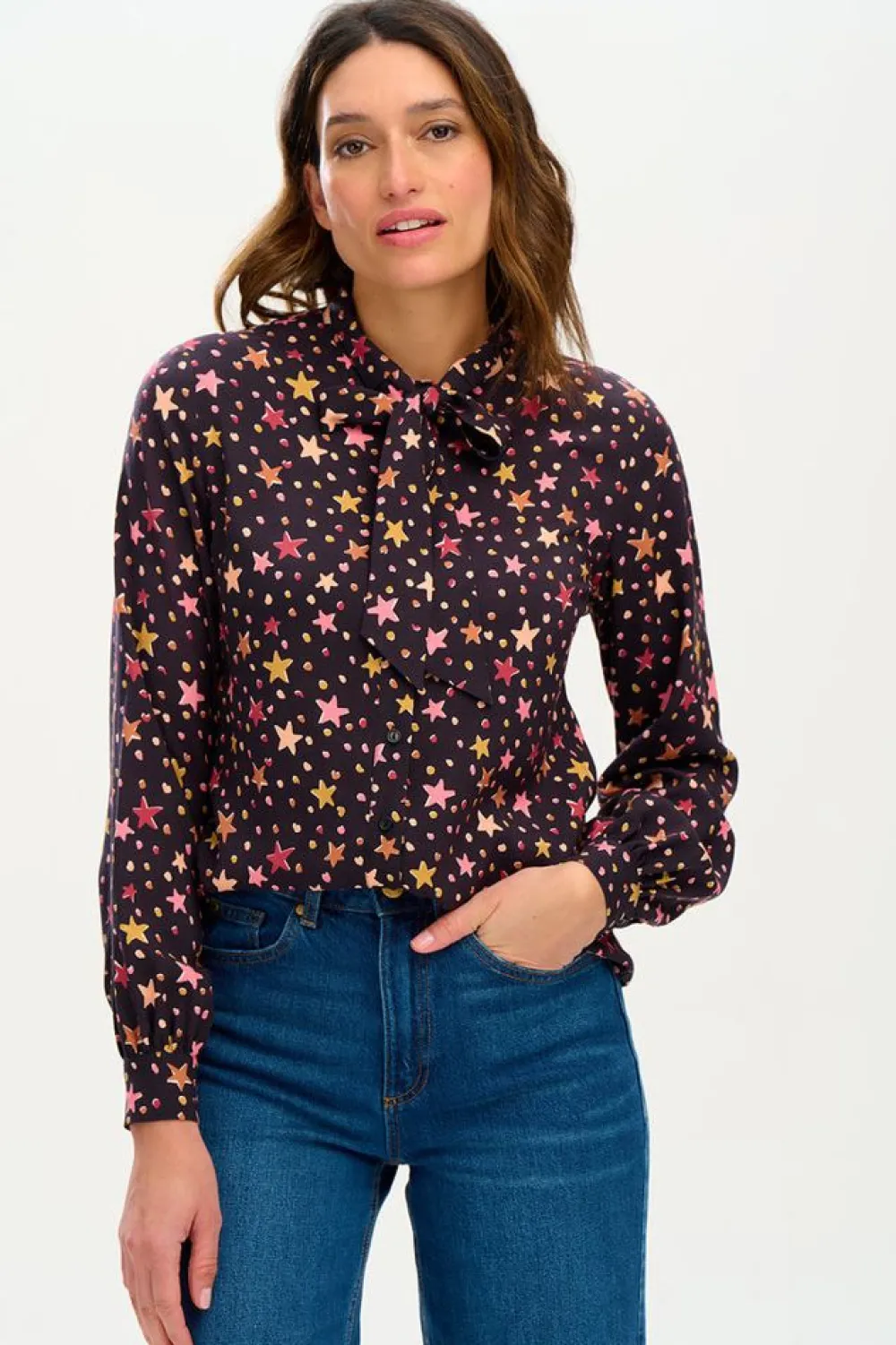 Sugarhill Brighton Camilla Pussybow Blouse Black Stars